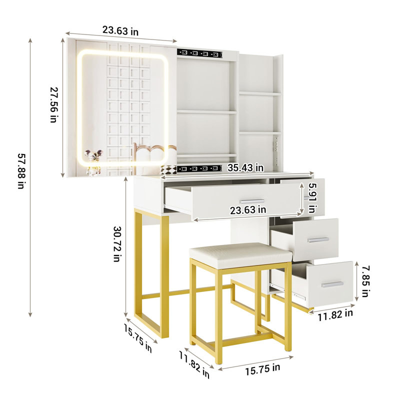 Grand meuble-lavabo de 57 po avec miroir et lumières, coiffeuse de maquillage avec station de charge, 3 modes d'éclairage, ensemble de meuble-lavabo élégant avec 4 tiroirs et tablettes, tabouret rembourré