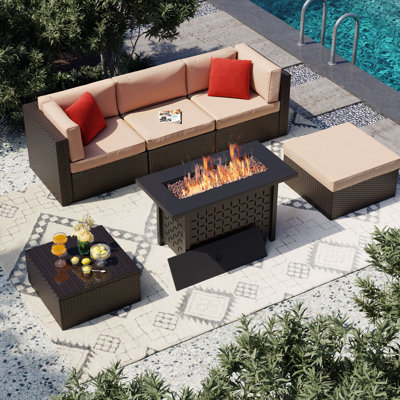  6-Piece Outdoor Rattan Patio Set with Fire Pit Table