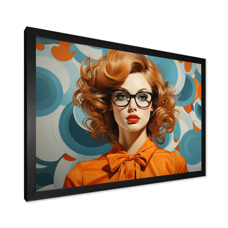 «Orange Mid Century Retro Portraits IV», reproduction sur toile, H 34 po x l 44 po x P 1,5 po, Cadre simple noir