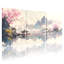 Paysage et nature Cherry Blossom Lake Pavilion Mountains, oiseaux, scène de printemps, ensemble de 3 impressions sur toile-113881275
