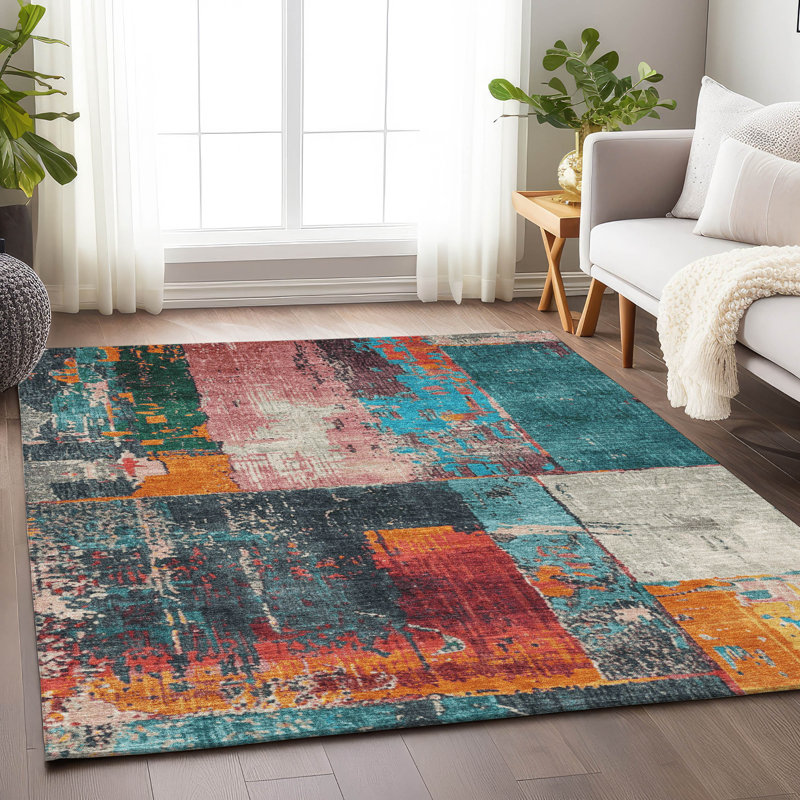 Machine Washable Indoor/Outdoor Xhevrie Teal Rug, Rectangle 2'6" x 3'10" 