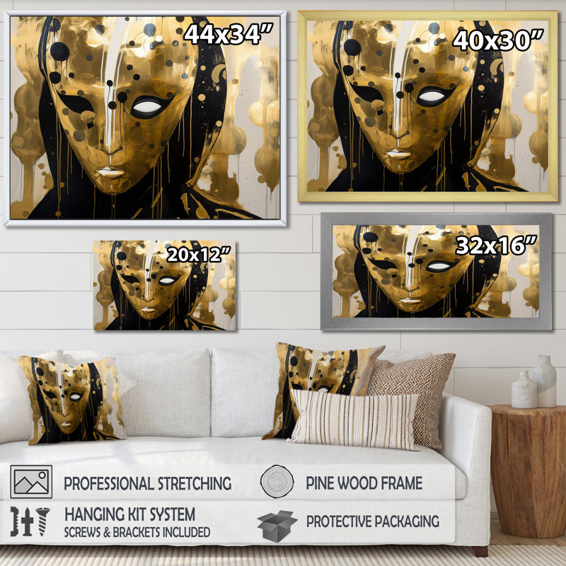 «Golden Mask Abstract Gold and Black», reproduction d'art sur toile, H 16 po x l 32 po x P 1 po, Cadre flottant blanc