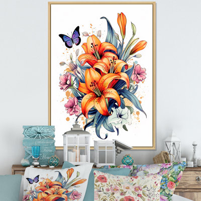 «Whimsical Butterfly and Colorful Lilies», reproduction sur toile