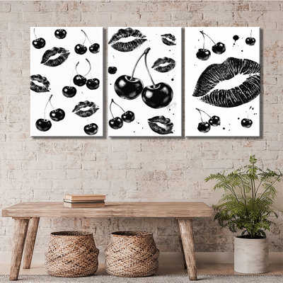 «Black Ink Lips Cherry Ink Splash», impression sur toile de fond blanche minimaliste de 3 (1)