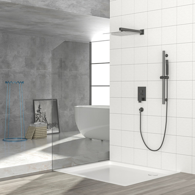 Douche murale de 12 pouces en noir mat - barre coulissante réglable, douche à effet pluie et système de douche à main avec système de réglage carré à 360 °, valve d'installation facile