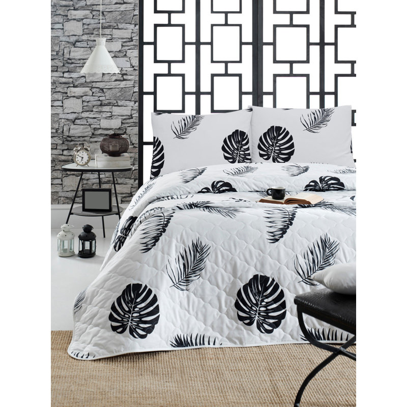 Ensemble de couvre-lit / couvre-lit 100% coton 2 pièces blanc / noir Liz