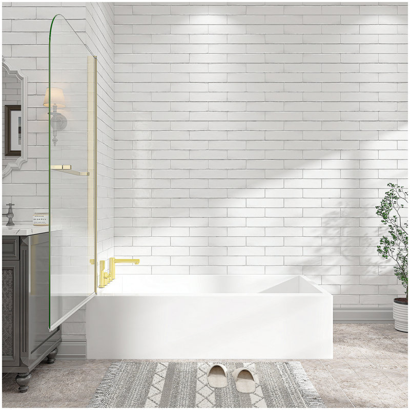 31"-32" W x 55" H Brushed Gold Flexible 180° Pivot Shower Door Reversible Installation Frameless Bathtub Screen,1/4"(6MM) Tempered Glass With Nano Easy Cleaning And Stick Explosion-proof Membrance