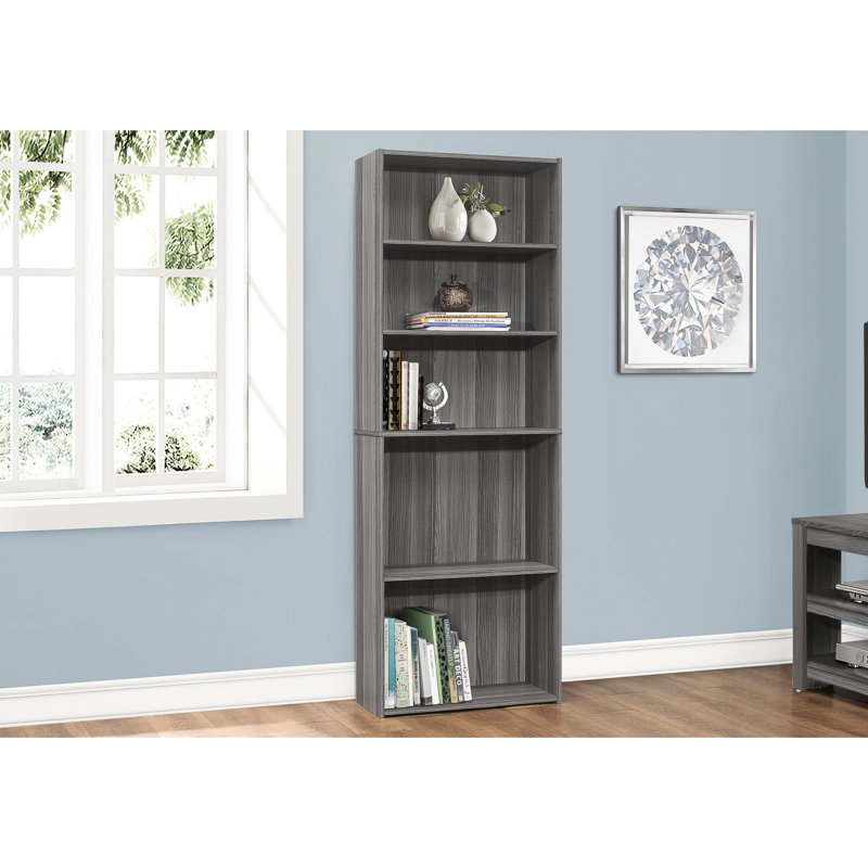 Bibliothèque à 6 niveaux, H 72 po, stratifié gris, pour le bureau et la chambre à coucher, transitionnel, 3 tablettes réglables, 2 tablettes fixes, peu encombrant, quincaillerie basculante à sécurité supplémentaire H 72 po
