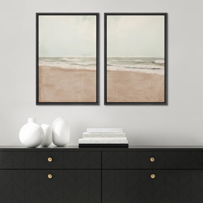 " Coastal Calm Peaceful Shoreline And Oceanic Horizon Modern Art Wall Decor Artwork Minimal " 2 - Pieces