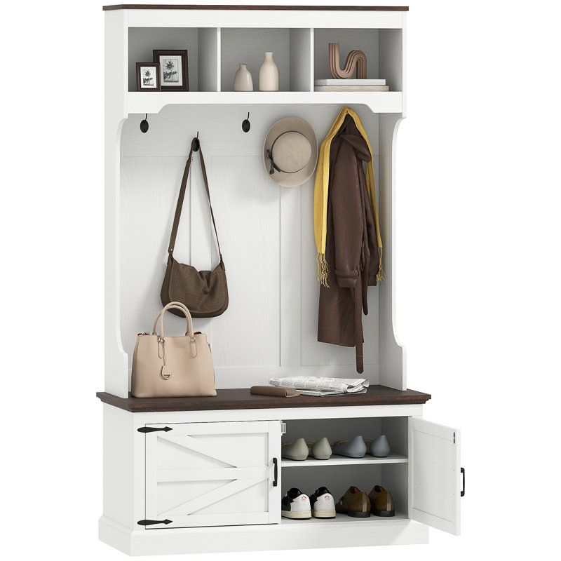 3-In-1 Hall Tree With Shoe Storage, Standing Coat Rack With Shoe Bench, Entryway Furniture With Five Hooks, White Wood Grain