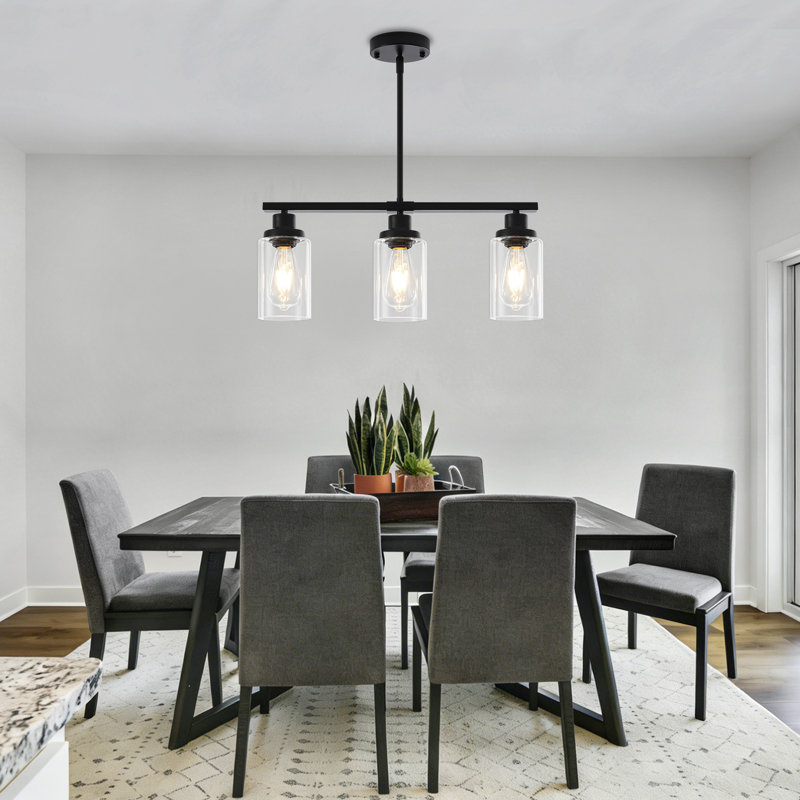 Luminaire suspendu linéaire à 3 lumières avec abat-jour en verre transparent, Trois lumières, Matte Black