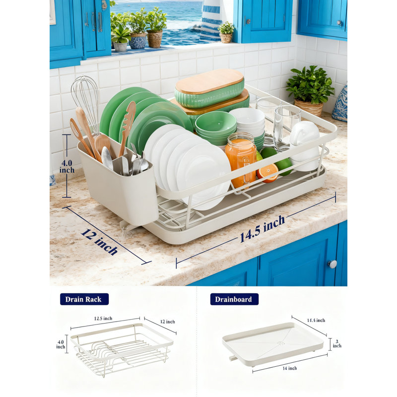 Compact Dish Drying Rack With Utensil Holder & Adjustable Drain Spout, Rust-Proof Space-Saving Kitchen Counter Organizer