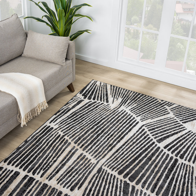 Abani Rugs TER210A Beige Black Linear Wave Contemporary Area Rug, Rectangle 6' x 9'