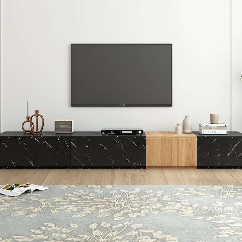 Contemporary Tv Stand With Faux Marble & Walnut, 4 Storage Drawers, Fits 88" Tvs, Black Living Room Essential Surface Drawer Storage, For Decorative Option Accessory Piece