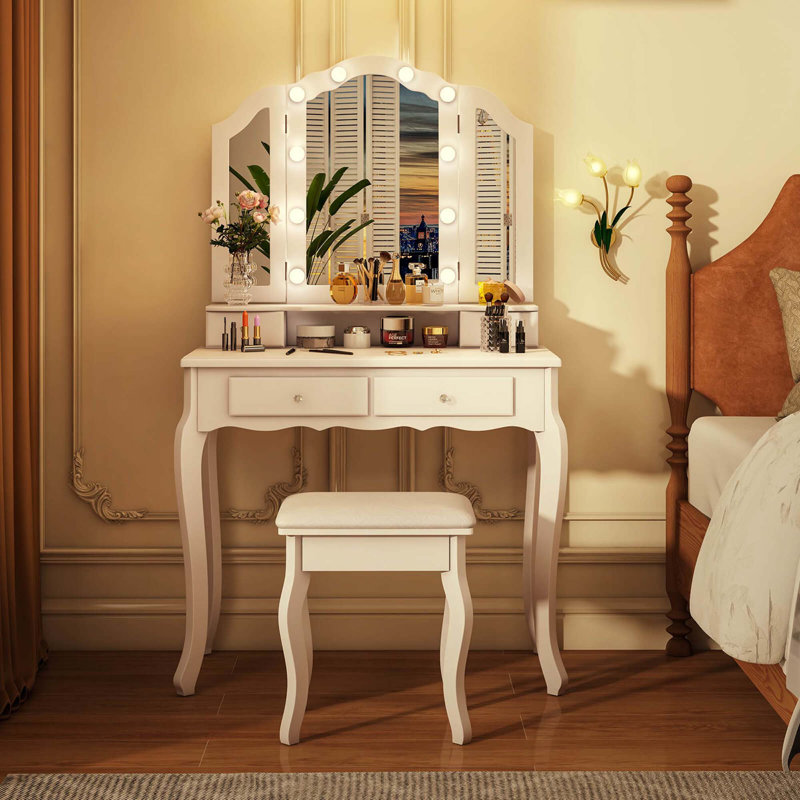 Ensemble de coiffeuse avec miroir à trois volets et lumières DEL, Blanc