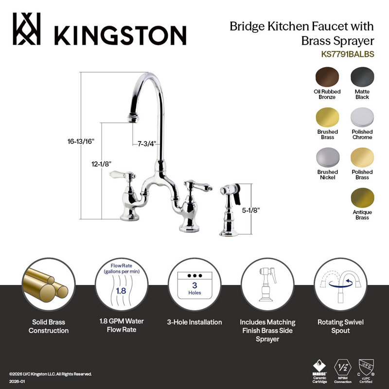 Kingston Brass Heirloom Two-Handle 3-Hole Deck Mount Bridge Kitchen Faucet with Brass Side Sprayer, Matte Black