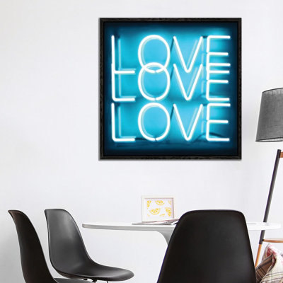 Neon Love Love Love Aqua on Black 1 Piece Wall Art on Canvas
