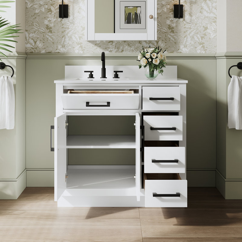 36" W x 35" H Freestanding Bathroom Solid Wood Vanity With White Cultured Marble Countertop And Ceramic Single Sink,White