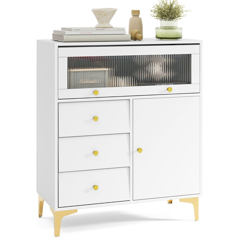 Commode de 37,5 po de hauteur avec commode en verre cannelé rabattable et 2 armoires