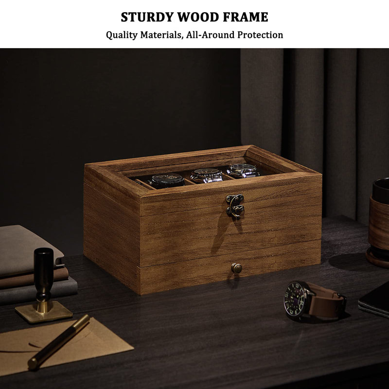 Rustic Walnut 2-Tier Wooden Watch Box with Glass Lid