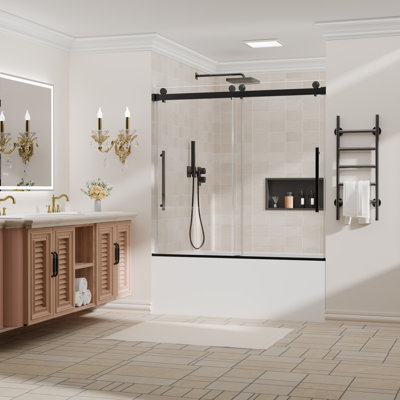 56–60" W x 58" H Semi-Frameless Double Sliding Bathtub Shower Door, Matte Black, 1/4" Clear Tempered Glass