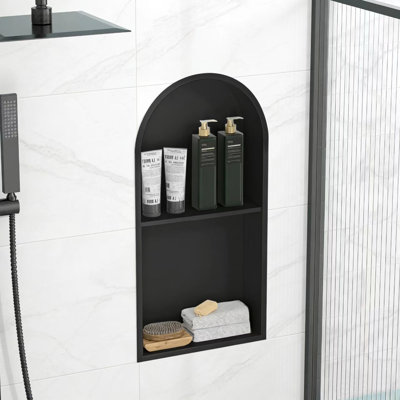 Niche de salle de bain murale - l 12 po x H 24 po, niche de douche en acier inoxydable 304, tablettes doubles, sans carrelage, finition noir mat