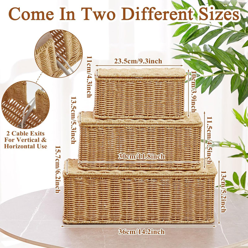 3 Pcs Cable Management Box Synthetic Rattan Cord Organizer Box Cable Hider Box Storage Wire Box With 2 Open Slots For Home Office Desk Computer TV Wires USB Hub ,Small,Medium,Large