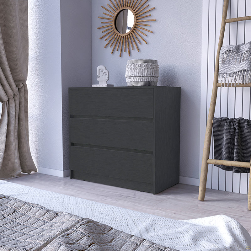 Commode Maldus, trois tiroirs, finition wengé noir
