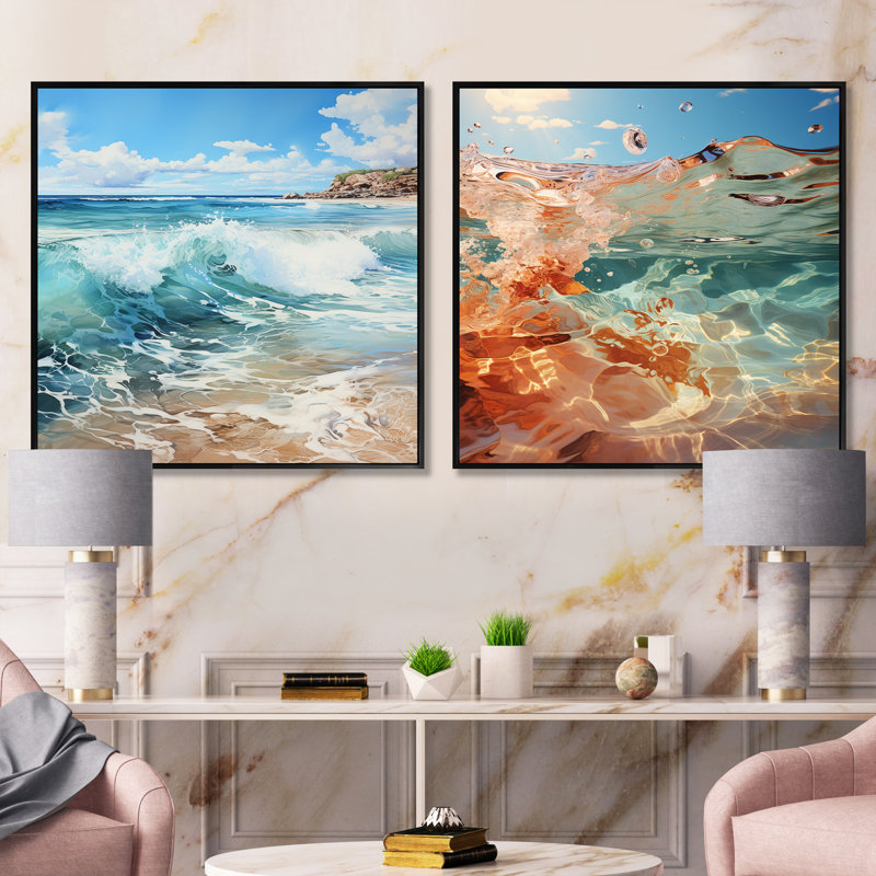 Obryan - Ensemble de 2 collages nautiques et carrés de plage, Cadre flottant noir, H 30 po x l 61 po