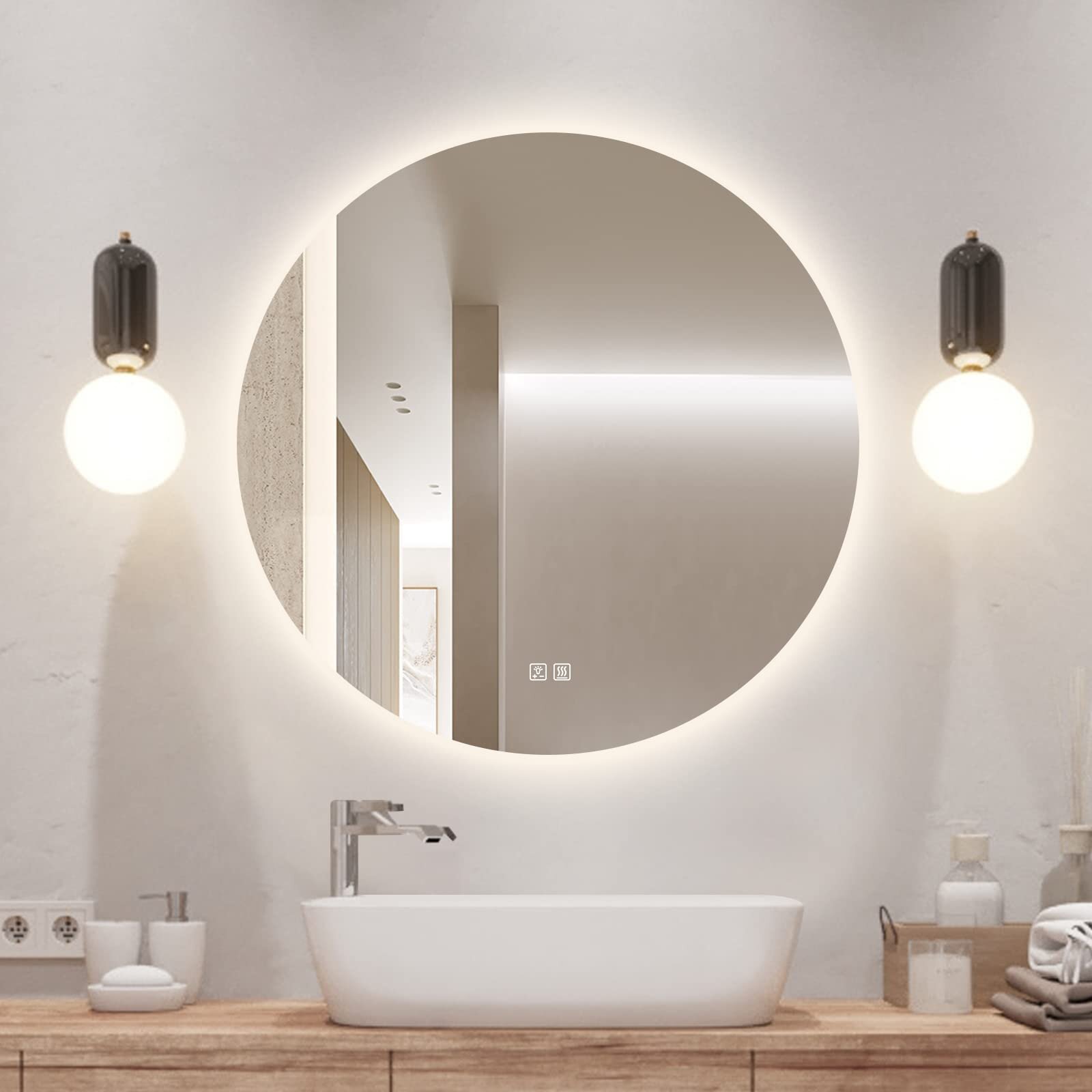 Orren Ellis Led Round Bathroom Mirror With Lights, Smart Dimmable