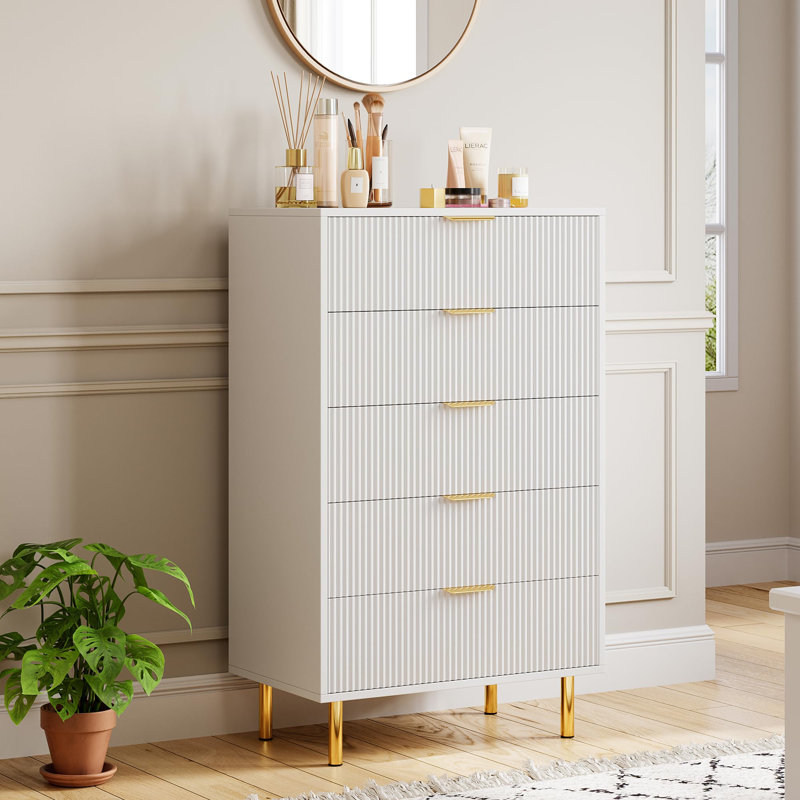 Commode 5 tiroirs pour la chambre à coucher, commode haute 48 po, rangement pour commode moderne en bois, Blanc