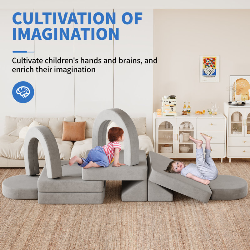 Kids Couch, 12pcs Modular Toddler Couch With 4 Arches And 2 Triangular Cushions, Fold Out Kids Couch For Playroom, Bedroom