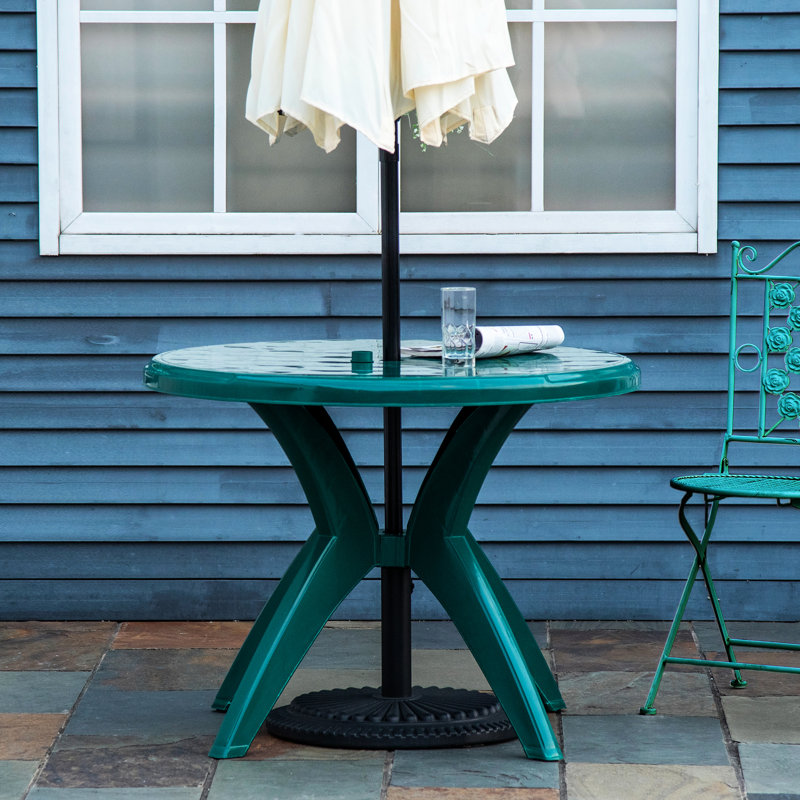 Table de patio ronde en plastique de 36,95 po avec trou pour parasol - idéale pour la piscine, le jardin, le nettoyage facile et les pieds en surface