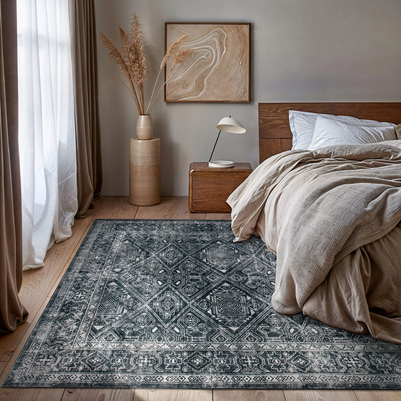Tapis transitionnel bohémien délavé et antidérapant, Rectangle 5 pi x 7 pi
