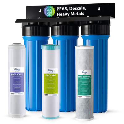 iSpring Whole House Water Filter System WGB32B-PFKDS – 3-stage filtration removes up to 99% of PFOA/PFOS with SGS-tested media, Reduces scale, lead, chlorine, taste, odor & corrosion. Features 20” x 4.5” filters and 1” NPT inlet/outlet.