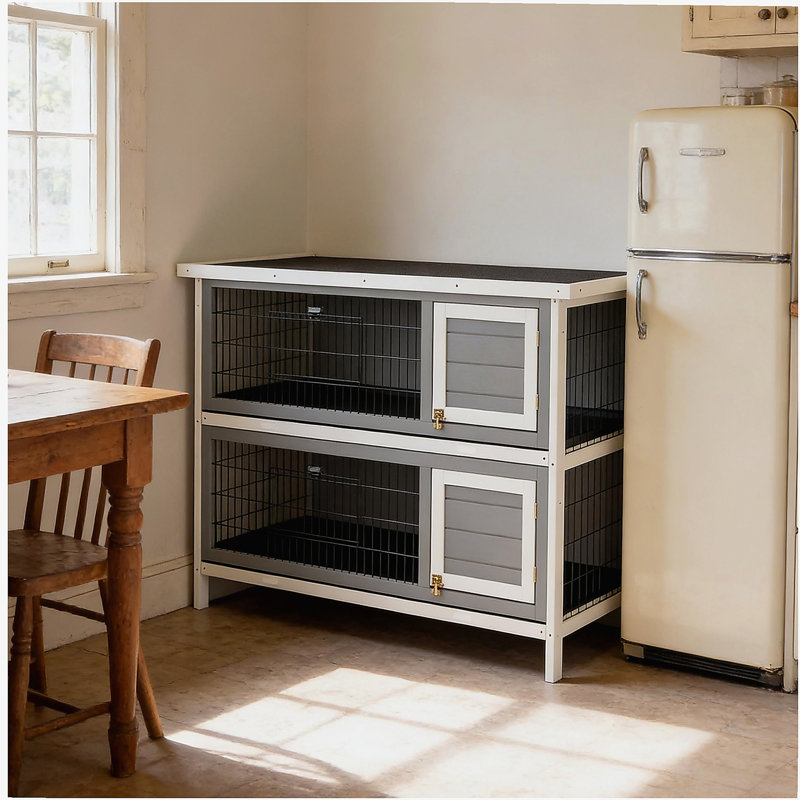 Maison pour animaux de compagnie, grande cage à lapins de 2 étages, Gris foncé