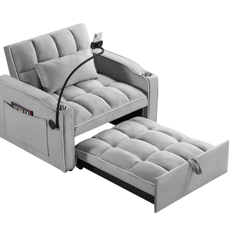 Lit gigogne escamotable - Fauteuil convertible réglable en velours doux gris