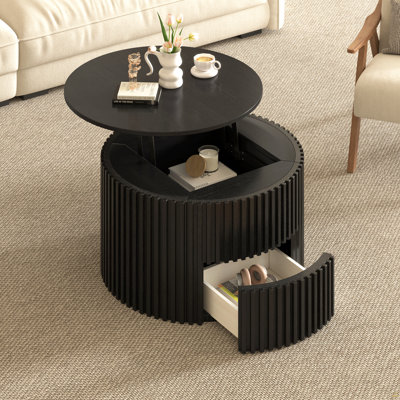 Table basse ronde à plateau relevable, table d'appoint moderne en bois cannelé avec rangement caché pour le salon