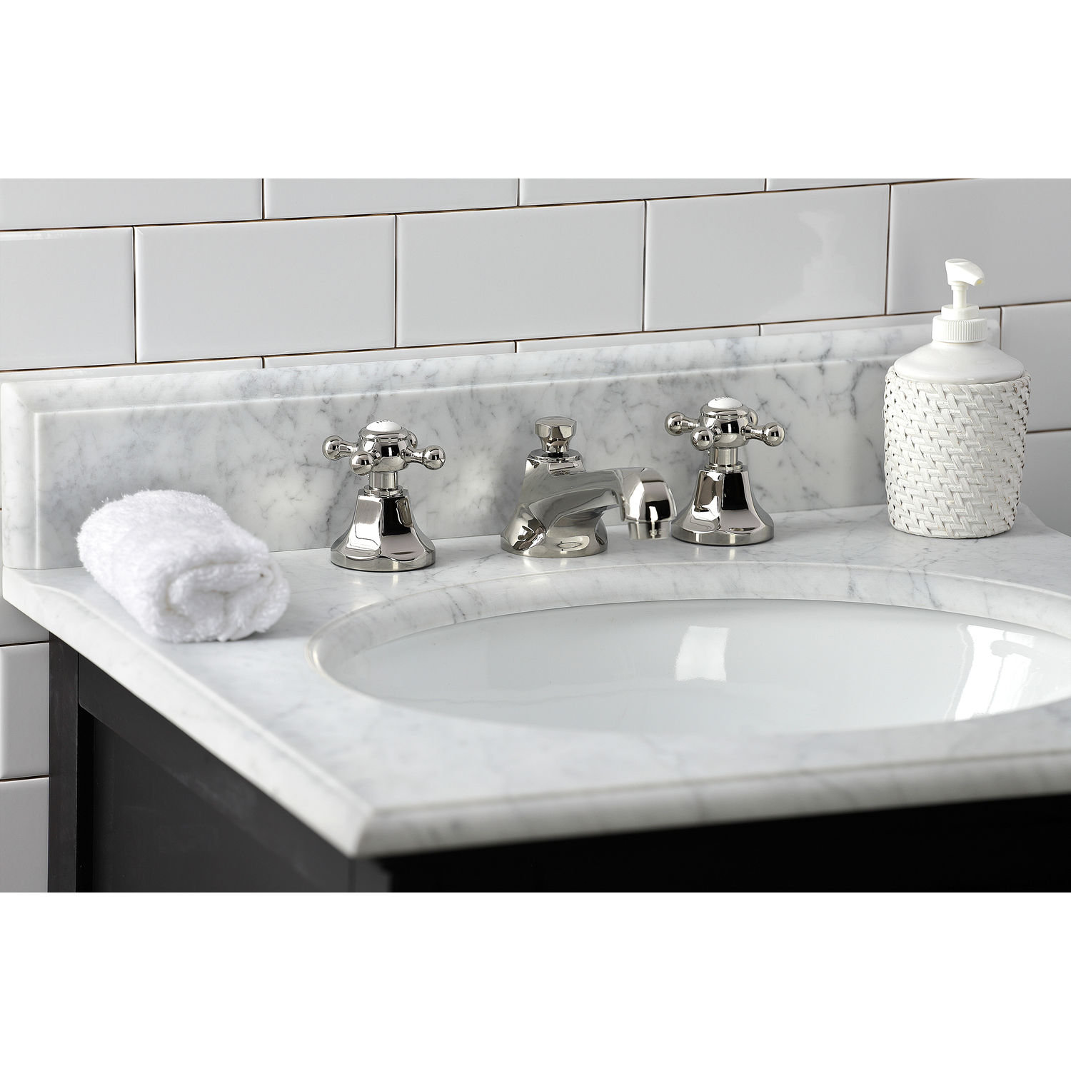 Kingston Brass Metropolitan Two-Handle 3-Hole Deck Mount Widespread Bathroom Faucet with Brass Pop-Up Drain, Polished Nickel