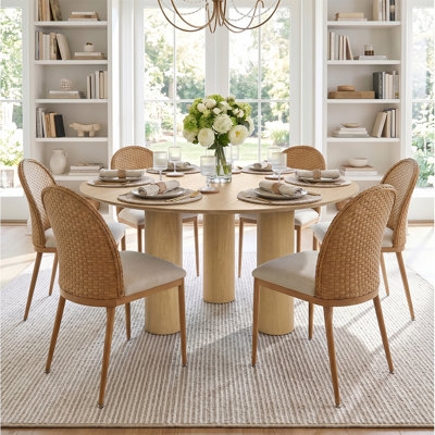 Ensemble de salle à manger 7 pièces moderne avec table en bois naturel et chaises rembourrées à dossier en rotin