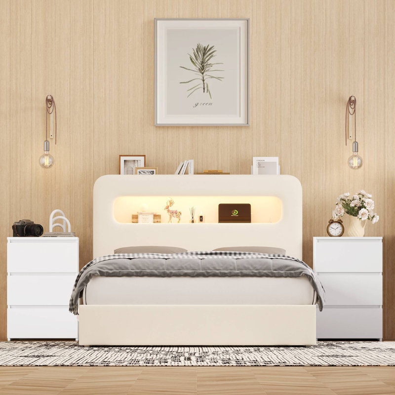 Upholstered 3-Piece Storage Bedroom Set, White, Full
