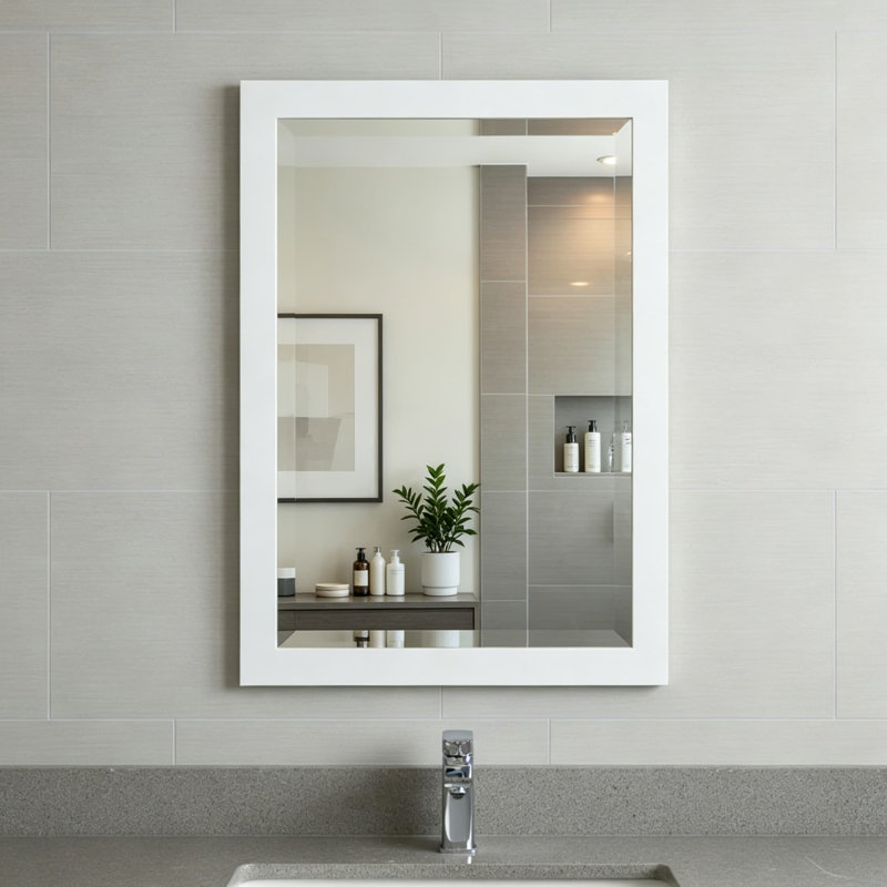 Miroir de salle de bain pour salle de bain avec verre biseauté, cadre en bois massif et quincaillerie de suspension, parfait pour la salle de bain, la salle d'eau ou la salle de lavage