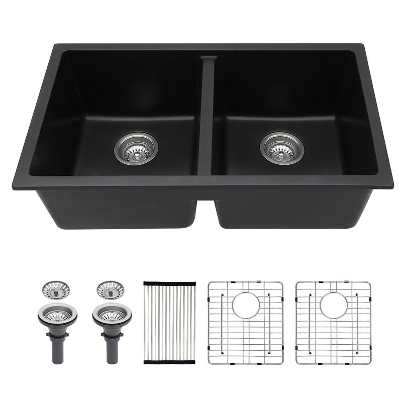 Quartz Kitchen Sink - 33" X 19" Black Granite Composite Undermount Kitchen Sink Double Bowl(50/50)