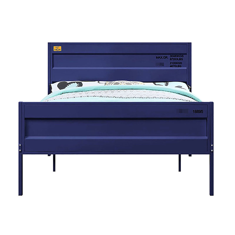 Lit double en métal pour chambre double avec touche industrielle, tête de lit rectangulaire chic, Bleu