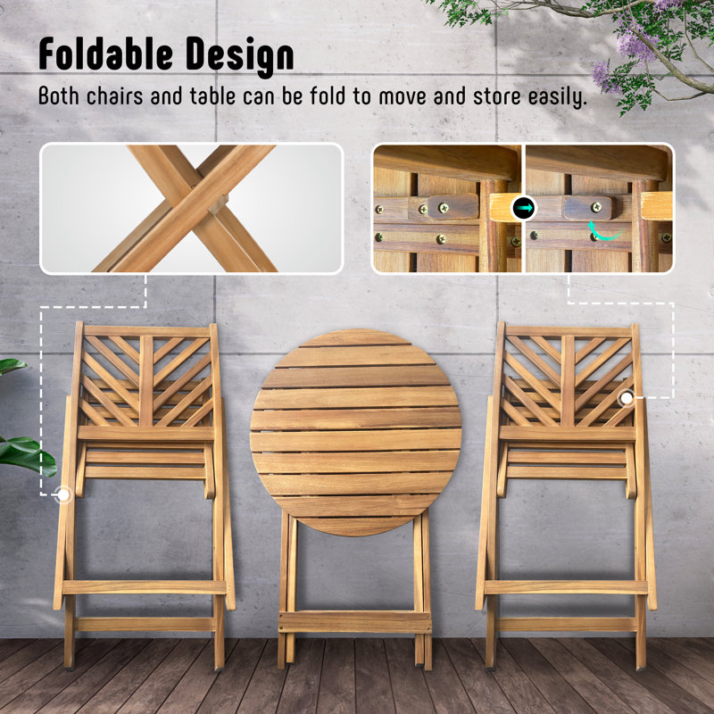Acacia Wood 3-Piece Patio Set with Beige Cushions