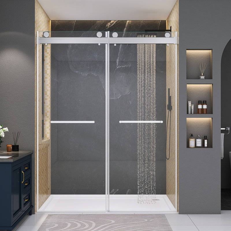Porte de douche coulissante double sans cadre de 56 à 60 po x H 79 po avec verre trempé de 3/8 po, Nickel brossé