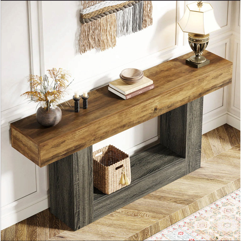 Console de style campagnard de 63 po avec rangement - canapé d'entrée rustique à 3 niveaux derrière le canapé, table d'appoint étroite avec base en forme de U, finition brun rustique et bois gris