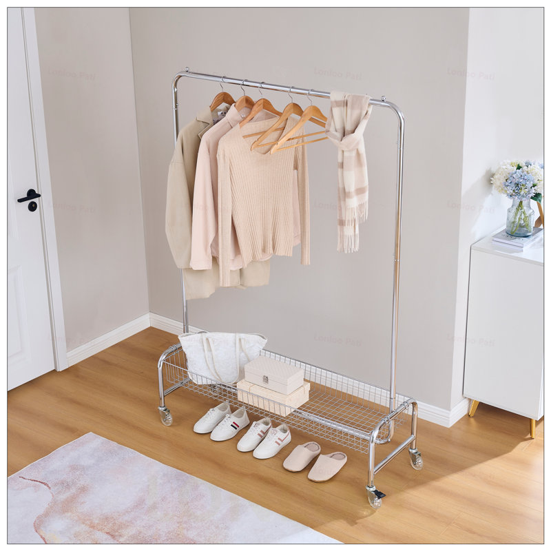 Heavy Duty Garment Rack with Spacious Basket and Rolling Wheels for Easy Mobility and Storage