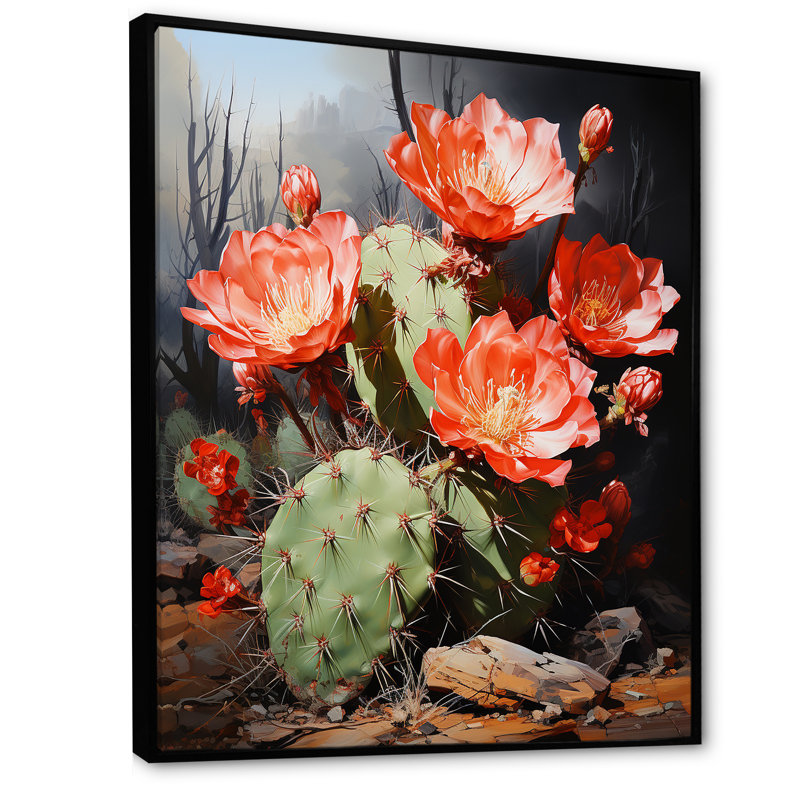 Cactus Ruby Blooms - décoration murale cactus, Cadre flottant noir, H 40 po x l 30 po x P 1,5 po