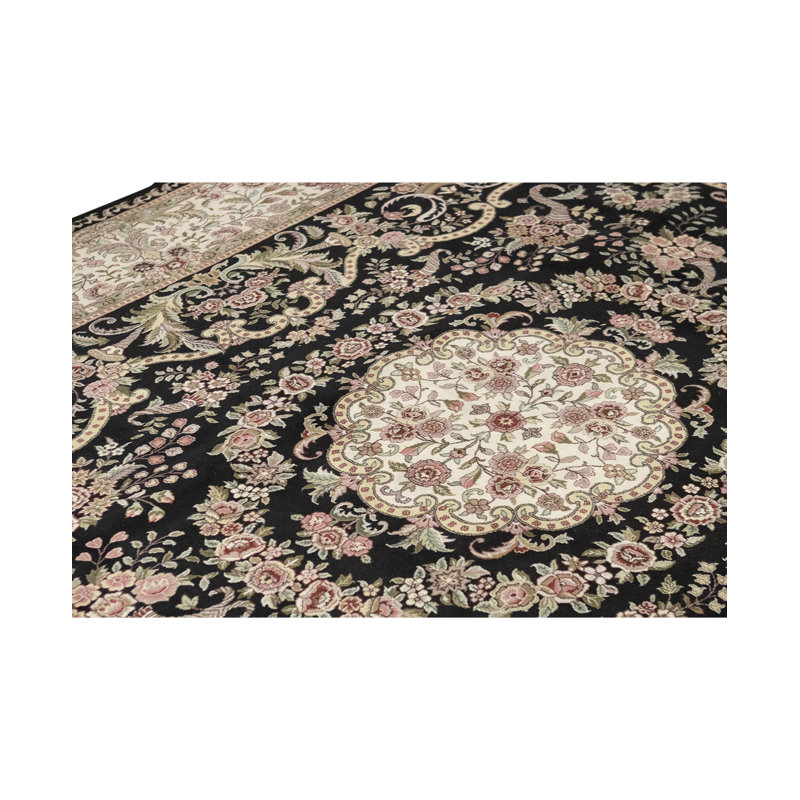 Tapis noir et ivoire de haute qualité noué à la main